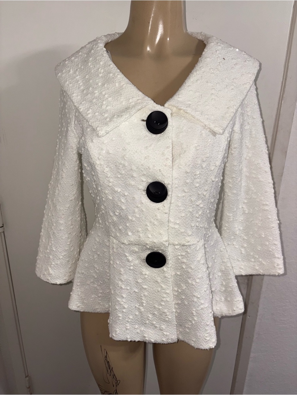 Joseph Ribkoff White Textured Peplum Jacket with Black Buttons